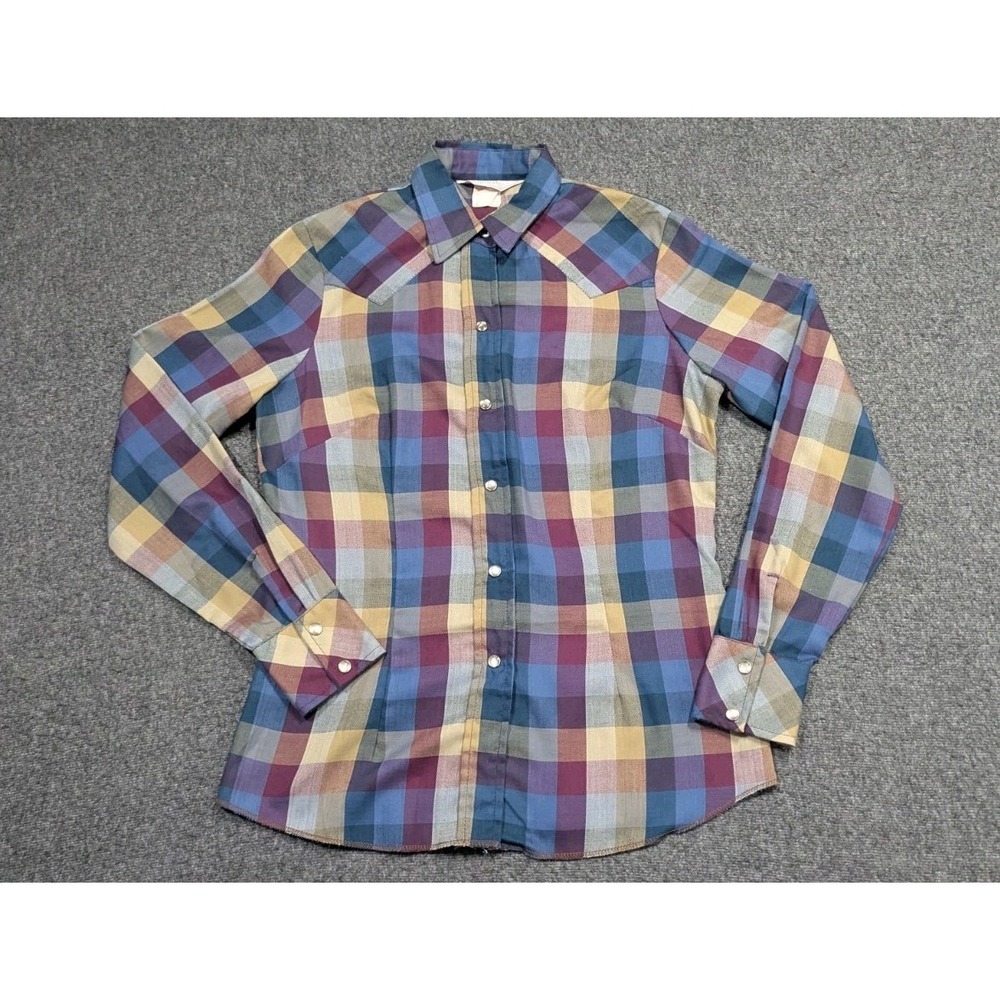 H Bar C Shirt Women 34 Blue Plaid Ranchwear Rodeo Easter Yoke Pearl Snap Button